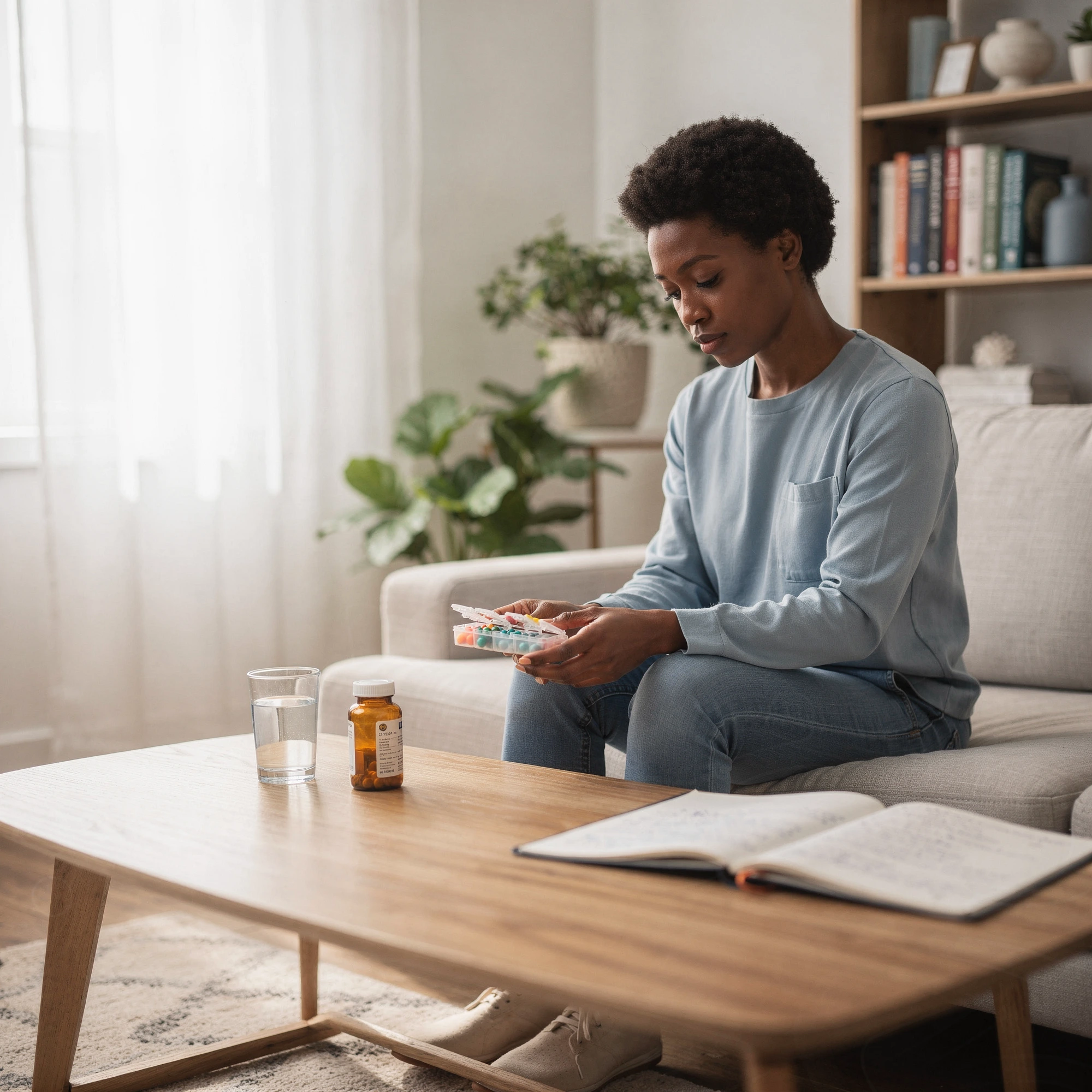 Man seated on a sofa with medications and a book – psychiatric medication management in Cheltenham, PA